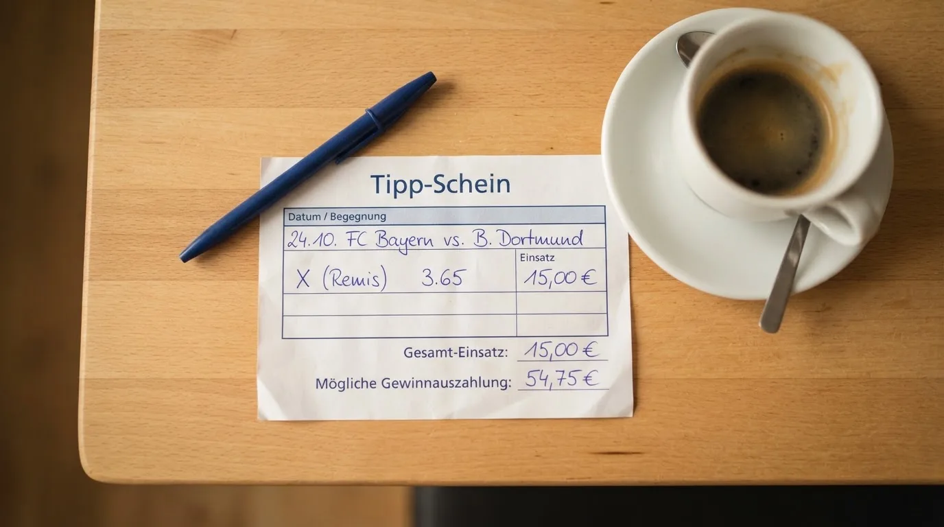 Ein leerer Wettschein aus Papier liegt neben einem Kugelschreiber und einer Tasse auf einem hellen Holztisch.