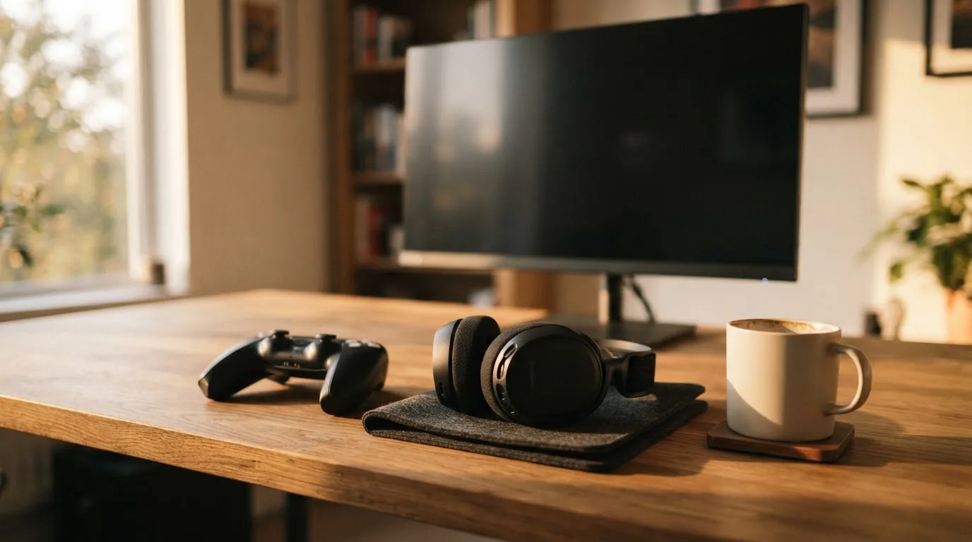 Ein Gamepad und ein Headset liegen auf einem Schreibtisch neben einer Tasse, der Bildschirm im Hintergrund ist ausgeschaltet.
