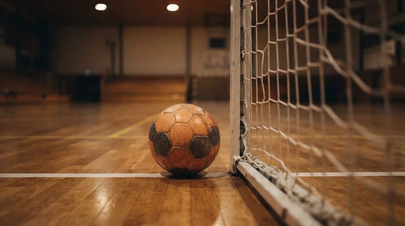 Ein kleiner schwerer Ball liegt in einer Halle auf dem Parkett vor einem Tor, warmes Licht aus den Deckenstrahlern.