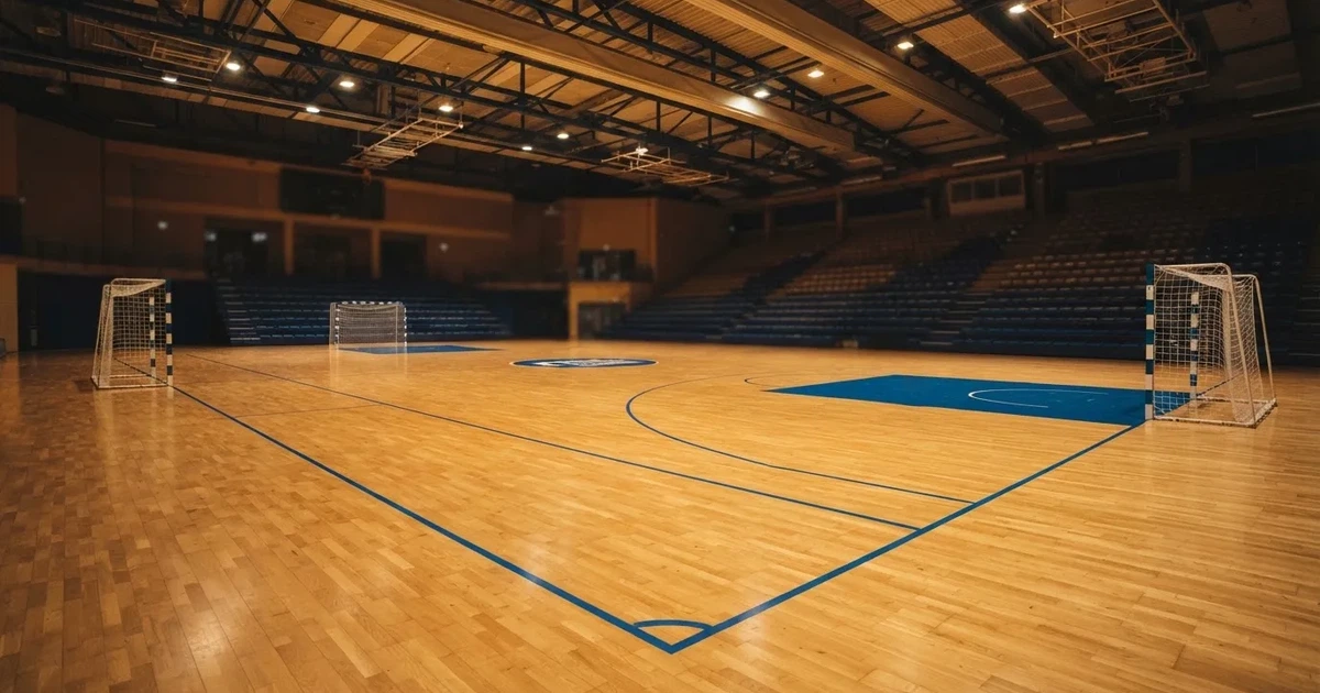 Eine leere Sporthalle mit hellem Hallenboden, kleinen Toren an beiden Enden und blauen Linien, Licht fällt von oben.