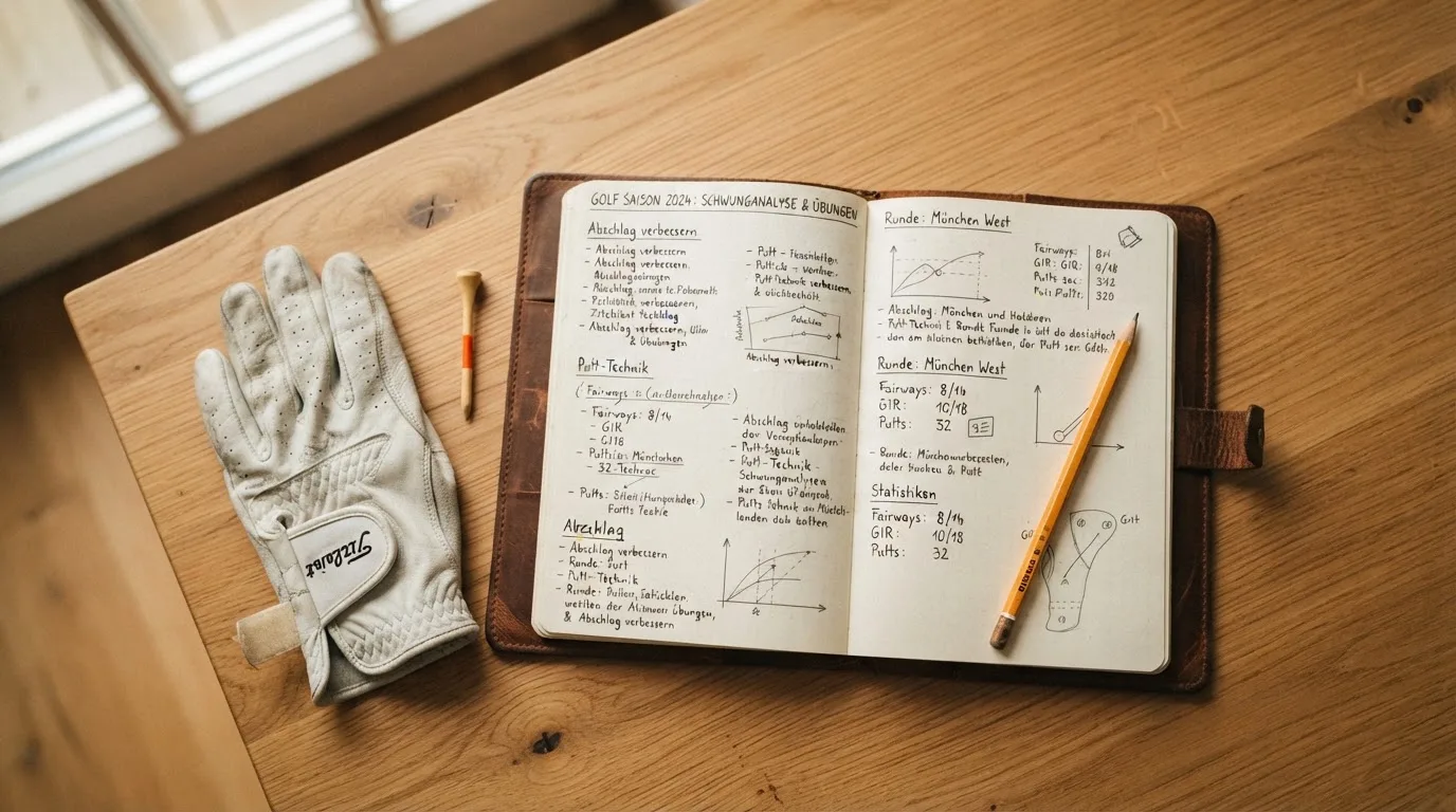 Ein Notizbuch mit handschriftlichen Notizen und ein Bleistift liegen neben einem Golfhandschuh und einem Tee auf einem Holztisch.