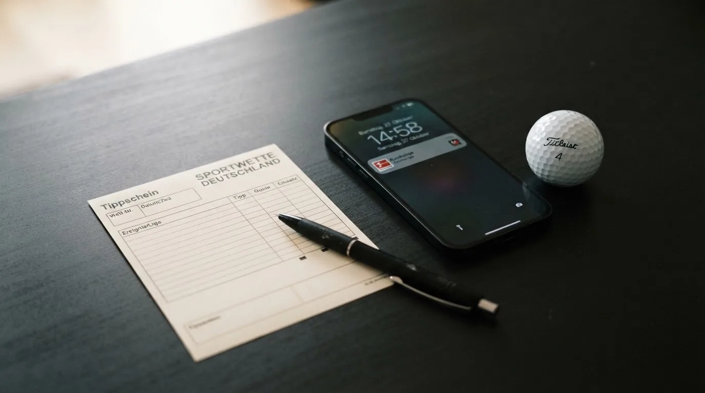 Ein leerer Wettschein aus Papier liegt neben einem Smartphone mit dunklem Display auf einem Tisch, daneben ein einzelner Golfball.