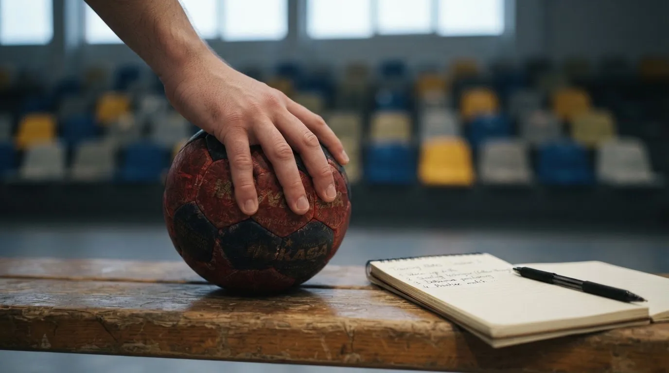 Eine Hand hält einen Handball, im Hintergrund eine unscharfe Tribüne, daneben liegt ein Notizblock auf einer Bank.