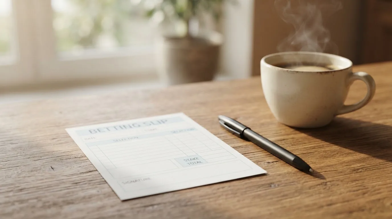 Ein leerer Wettschein aus Papier und ein Kugelschreiber liegen auf einem Schreibtisch neben einer Tasse Kaffee im Tageslicht.