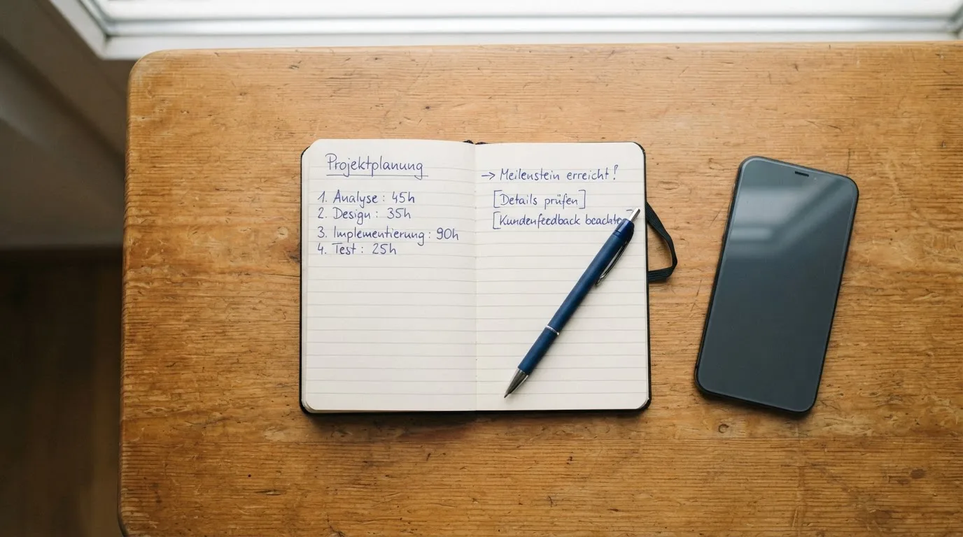 Ein Notizbuch mit handschriftlichen Notizen und ein Stift liegen auf einem Holztisch neben einem Smartphone mit dunklem Bildschirm.