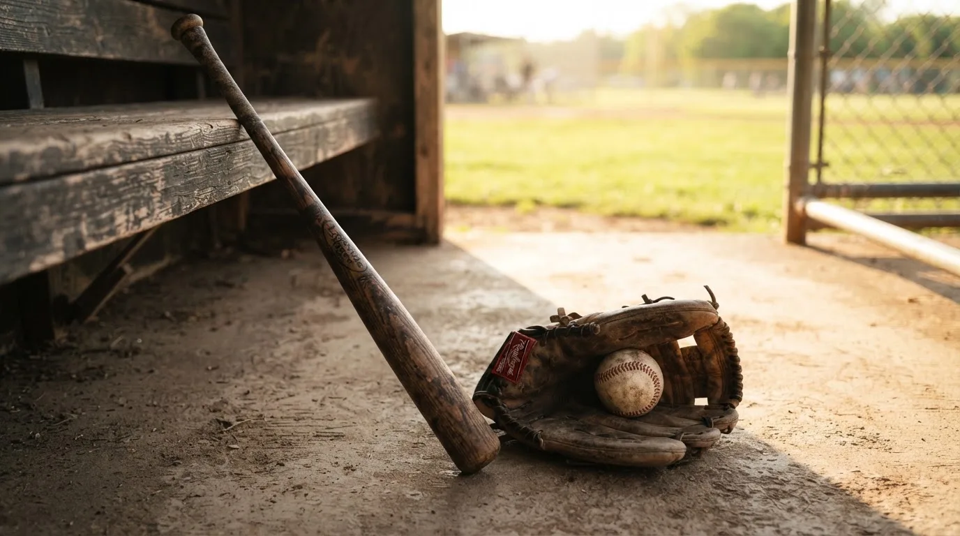 Ein Baseballschläger lehnt an einer Bank im Dugout, daneben liegen ein Handschuh und ein Ball im Licht der Nachmittagssonne.