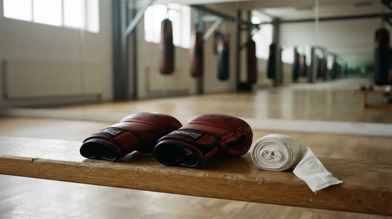Ein Paar Kampfhandschuhe und eine Bandage liegen auf einer Holzbank in einem Trainingsraum mit Spiegelwand.