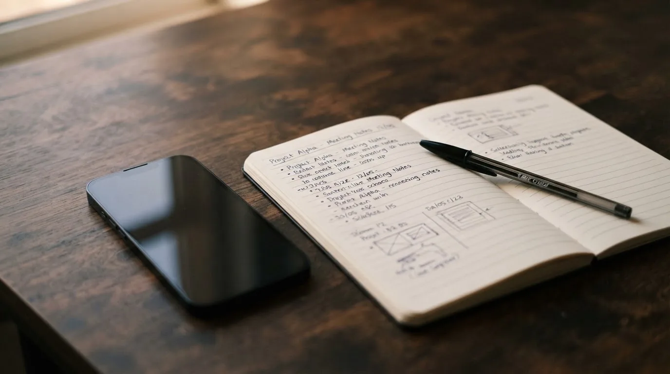 Ein Smartphone mit dunklem Display liegt neben einem Notizbuch und einem Kugelschreiber auf einem Tisch.