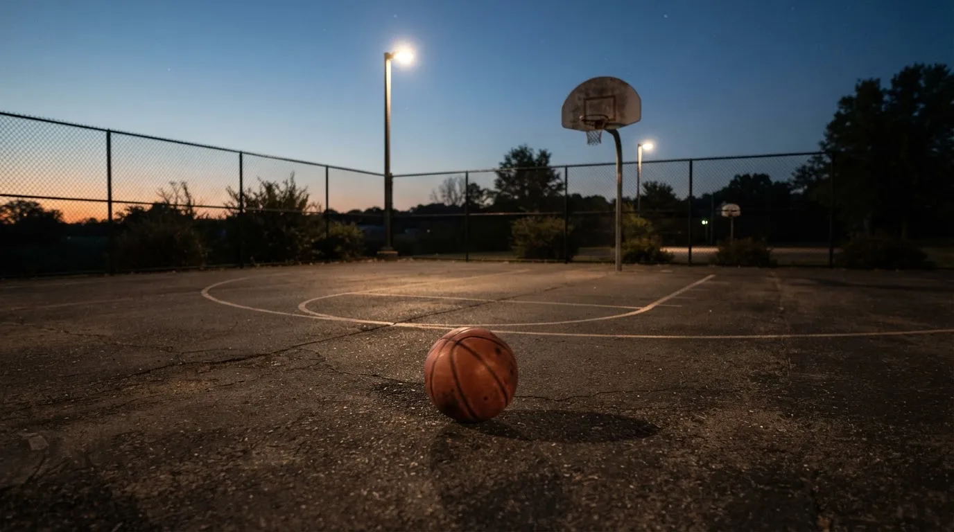 Ein Basketball rollt auf einem Freiluftplatz in der Abenddämmerung zu einem Korb, die Straßenlaternen leuchten bereits.