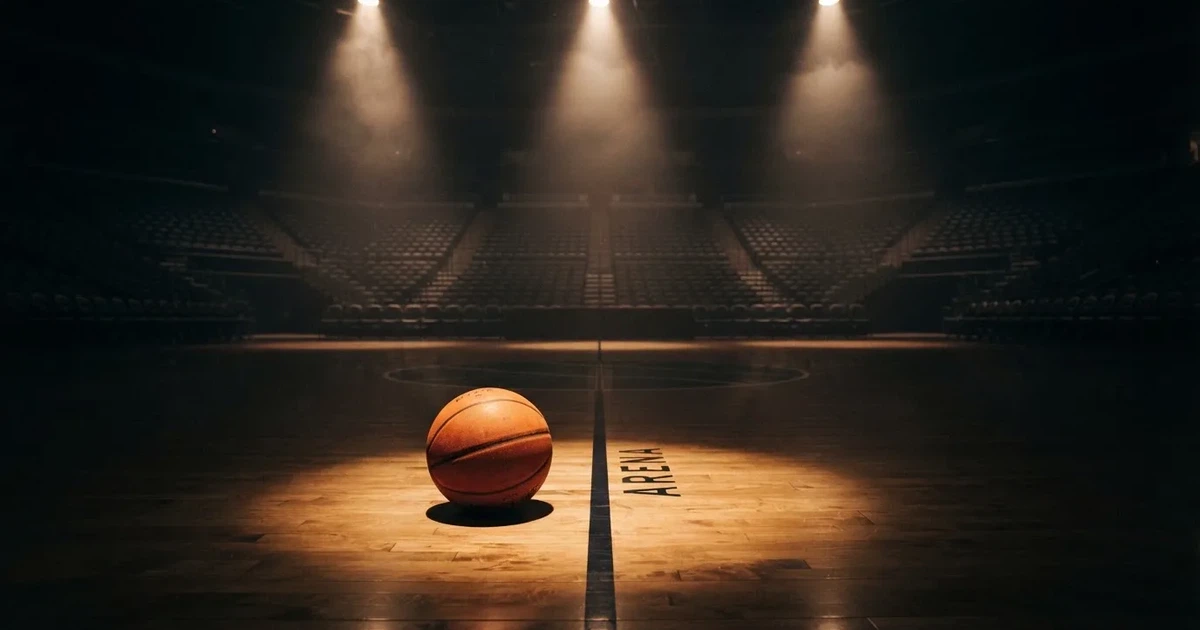 Ein Basketball liegt auf dem Parkettboden einer leeren Arena, Scheinwerfer werfen Licht auf die Mittellinie.