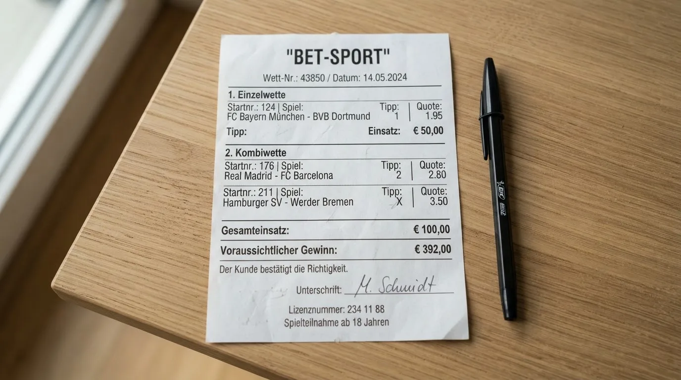 Ein leerer Wettschein aus Papier liegt neben einem Kugelschreiber auf einem Schreibtisch im Tageslicht.