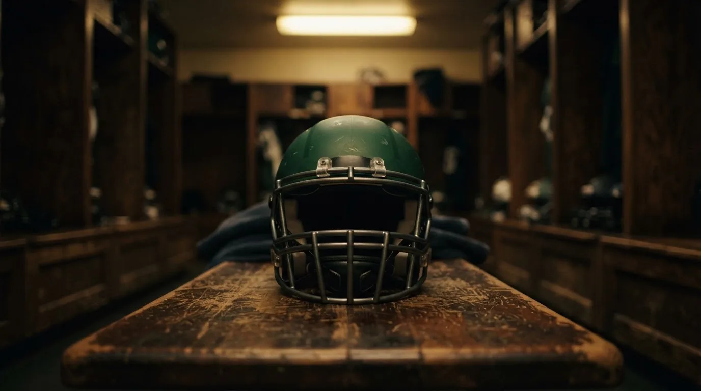 Ein neutraler Footballhelm ohne Aufdruck steht auf einer Holzbank in einer Umkleidekabine.