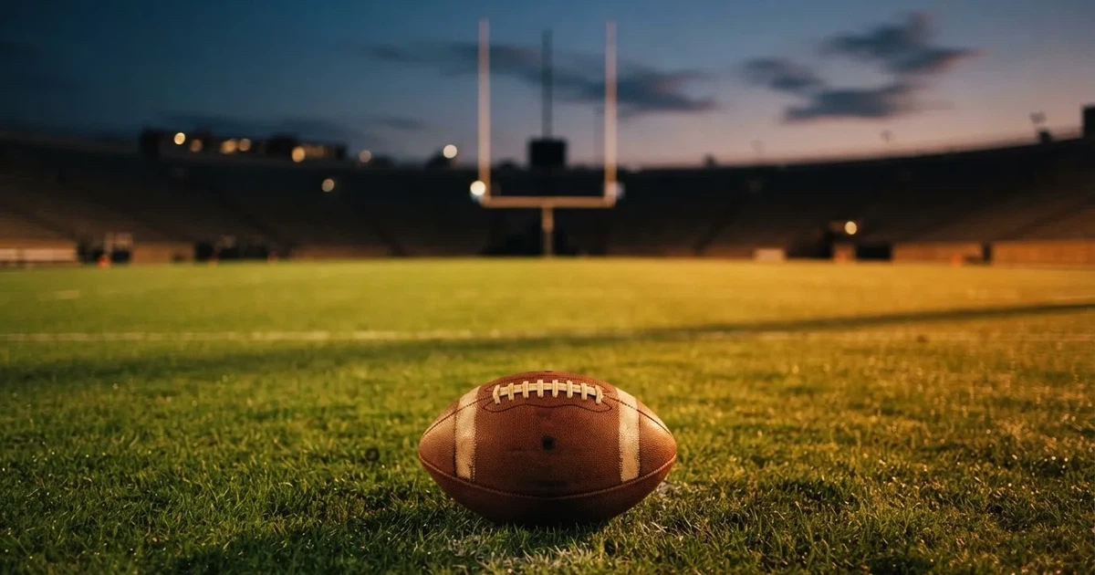 Ein American Football liegt auf dem Rasen eines leeren Stadions unter Flutlicht, die Torstangen ragen im Hintergrund auf.