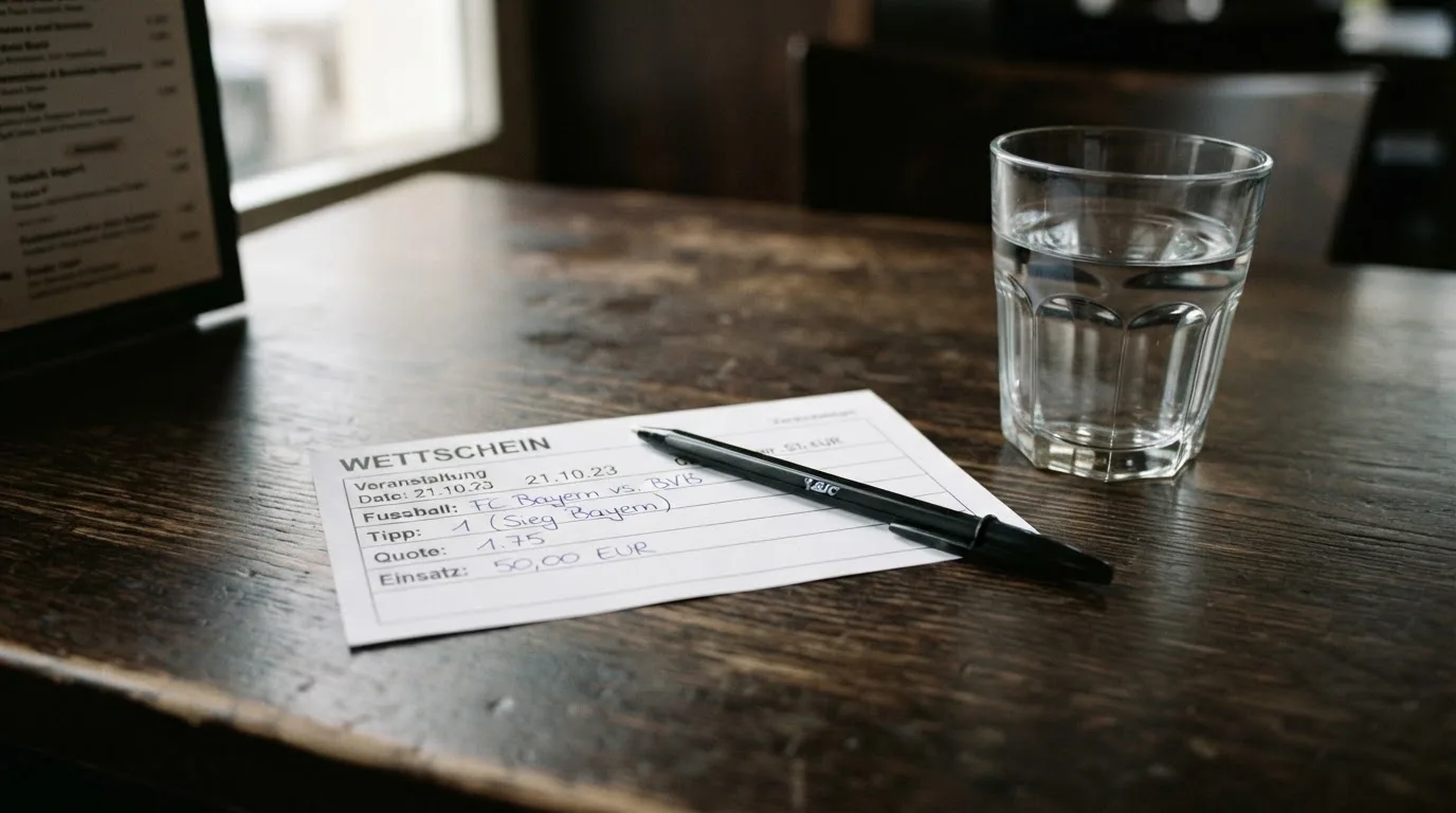 Ein leerer Wettschein aus Papier liegt neben einem Stift auf einem Tisch, daneben ein Glas Wasser.