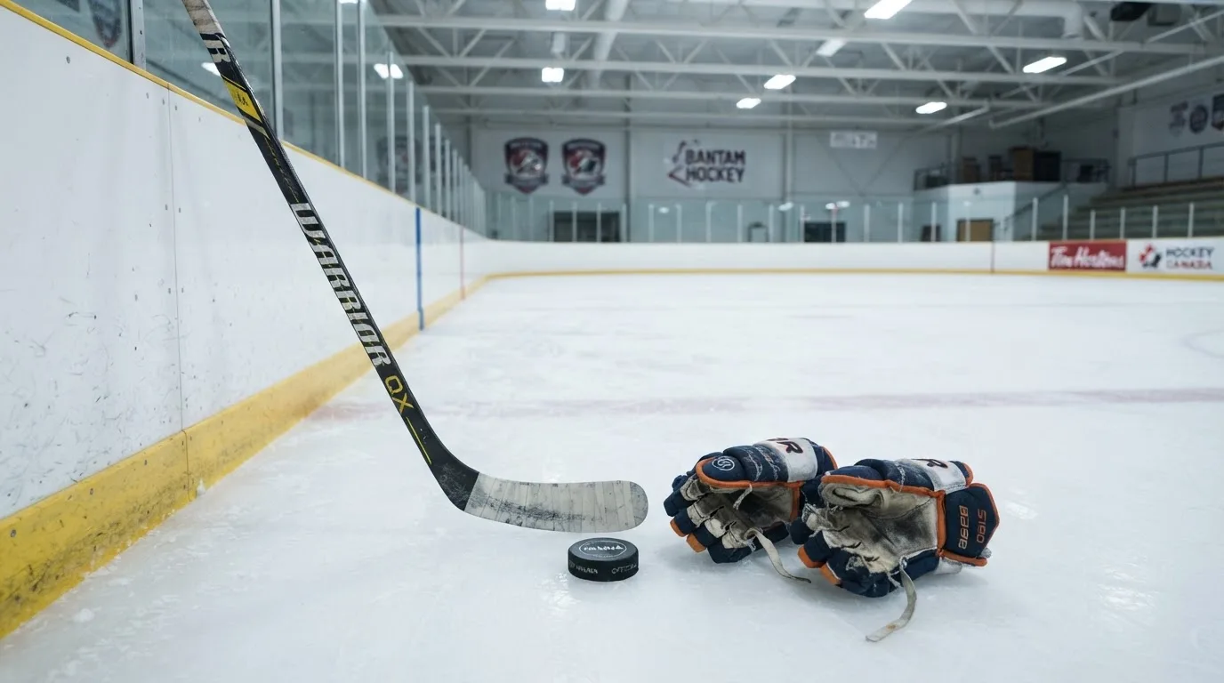 Ein Eishockeyschläger lehnt an einer Bande, daneben liegen ein Puck und ein Paar Handschuhe in einer Eishalle.