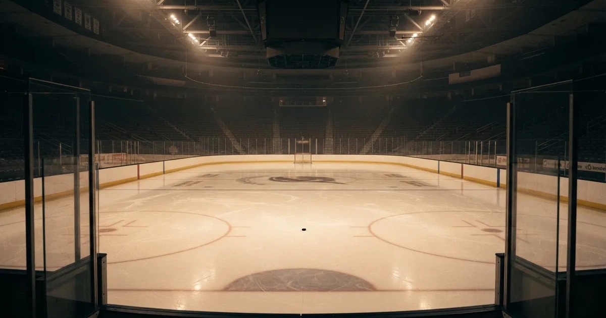Eine leere Eisfläche in einer Halle mit Banden und Flutlicht, auf dem Eis liegt ein einzelner Puck.