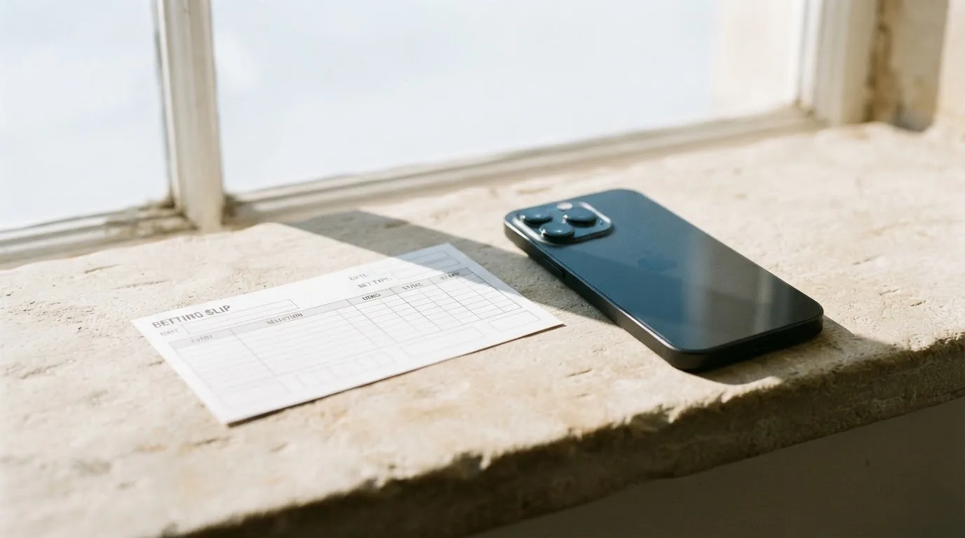 Ein leerer Wettschein aus Papier und ein Smartphone mit dunklem Display liegen auf einer Fensterbank im Tageslicht.