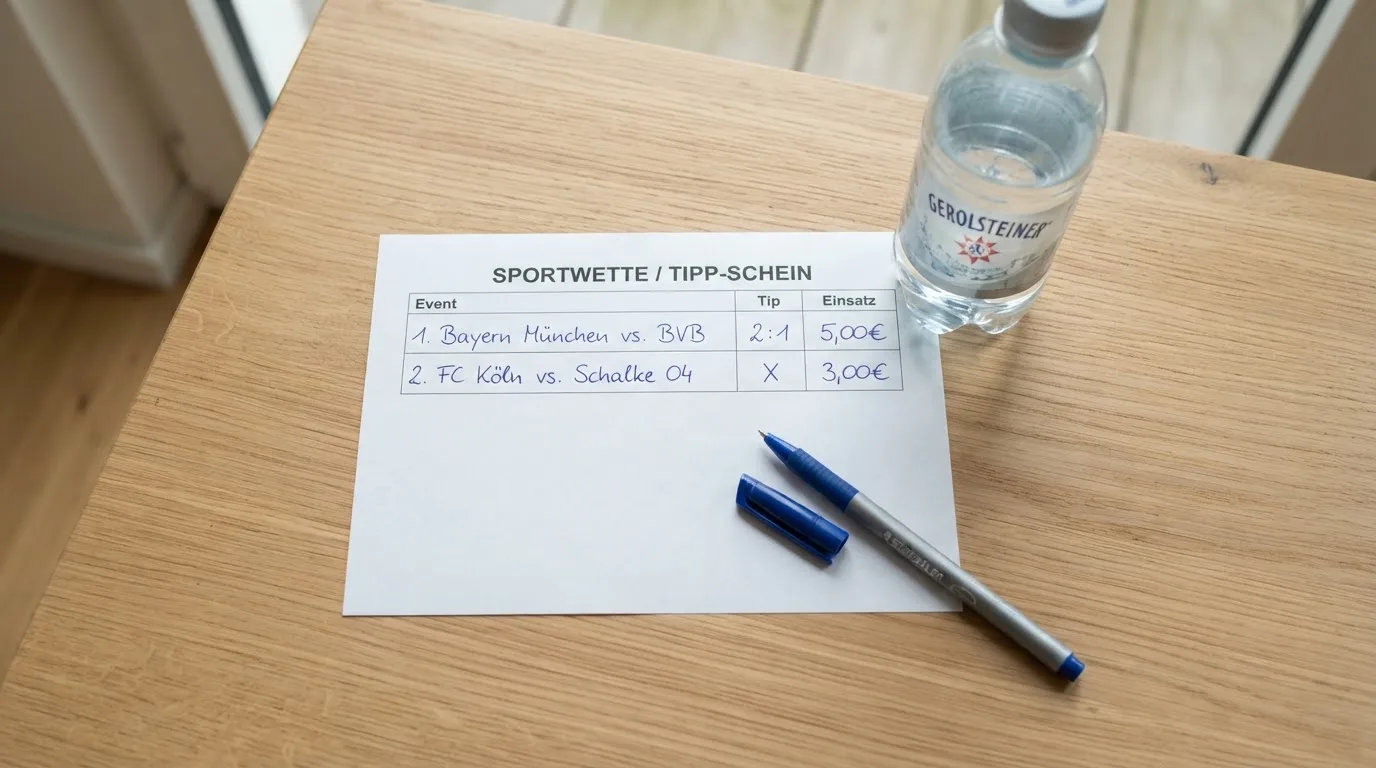Ein leerer Wettschein aus Papier liegt neben einer Trinkflasche und einem Stift auf einem Tisch.