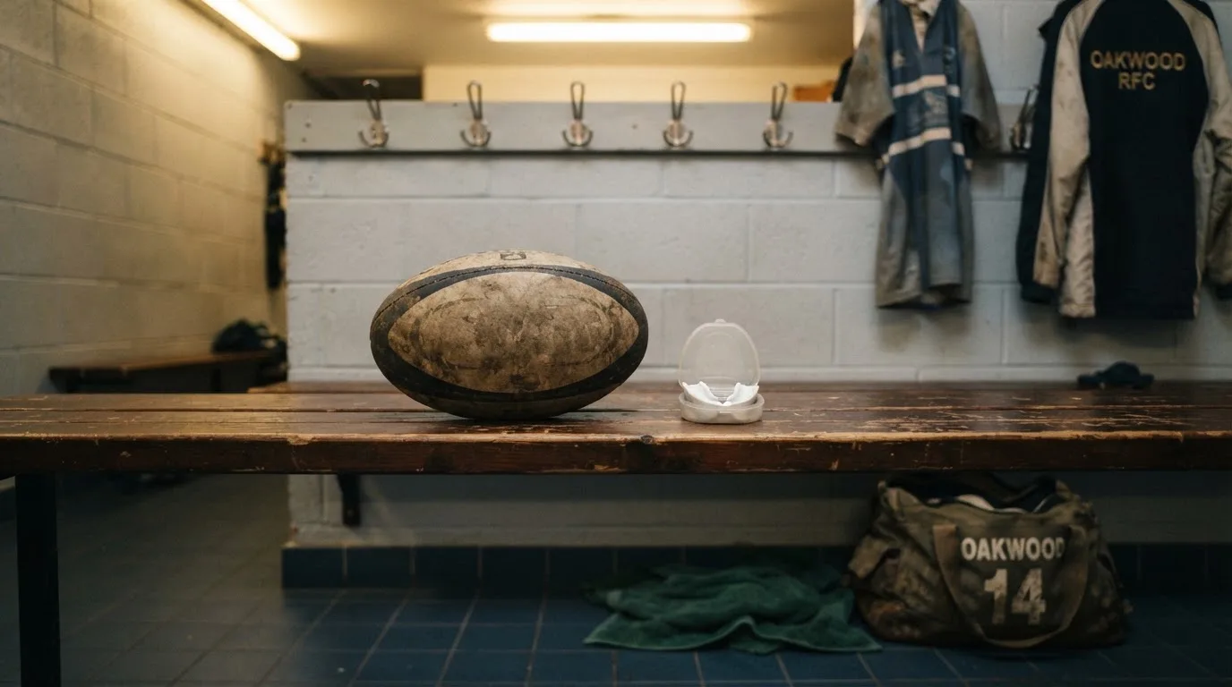 Ein Rugbyball und ein Mundschutz liegen auf einer Holzbank neben einer Reihe Kleiderhaken in einer Umkleide.