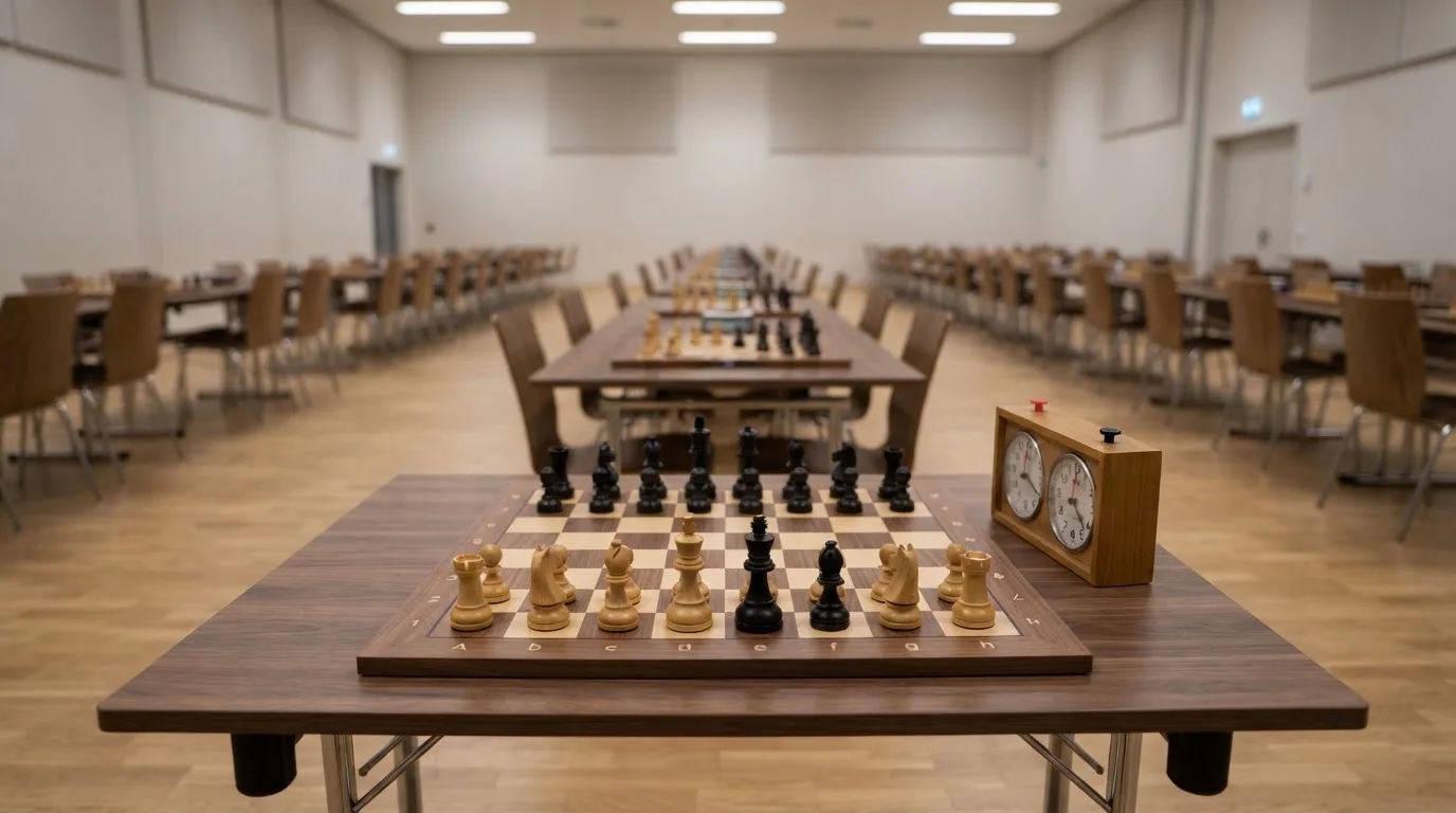 Ein Schachbrett und eine Schachuhr stehen auf einem Tisch in einem leeren Turniersaal, die Stühle sind ordentlich zurückgeschoben.