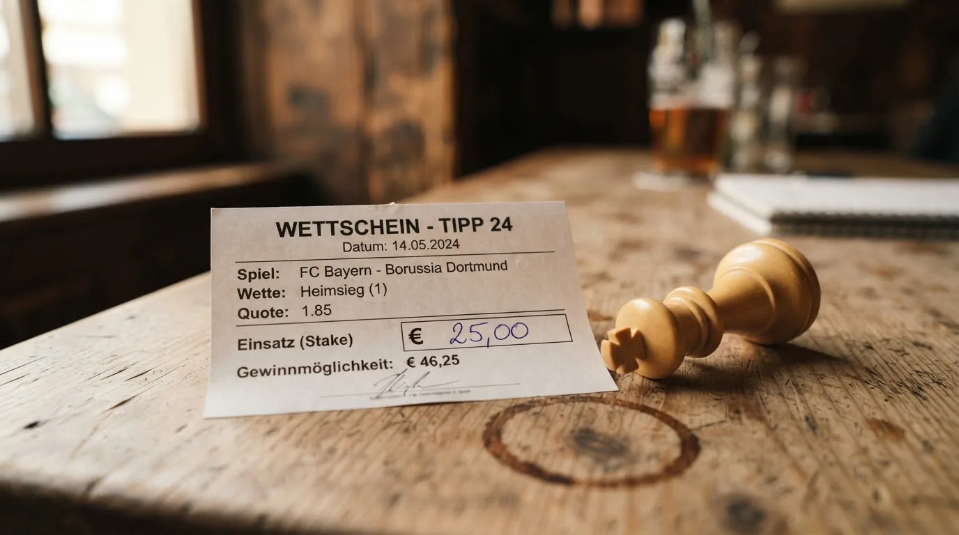 Ein leerer Wettschein aus Papier liegt neben einem umgekippten weißen Schachkönig auf einem Holztisch.
