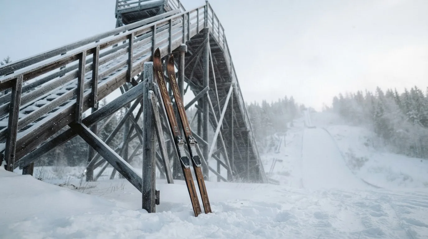 Ein Paar Skier steckt aufrecht im Schnee neben einem Anlaufturm, im Hintergrund wirbelt feiner Schnee im Wind.