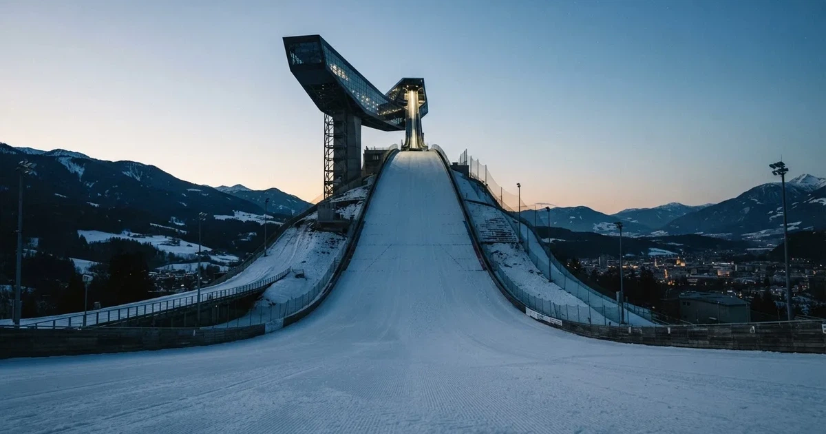 Eine Skisprungschanze im Schnee, von unten gesehen, vor einem klaren Winterhimmel in der Dämmerung, ohne Menschen.