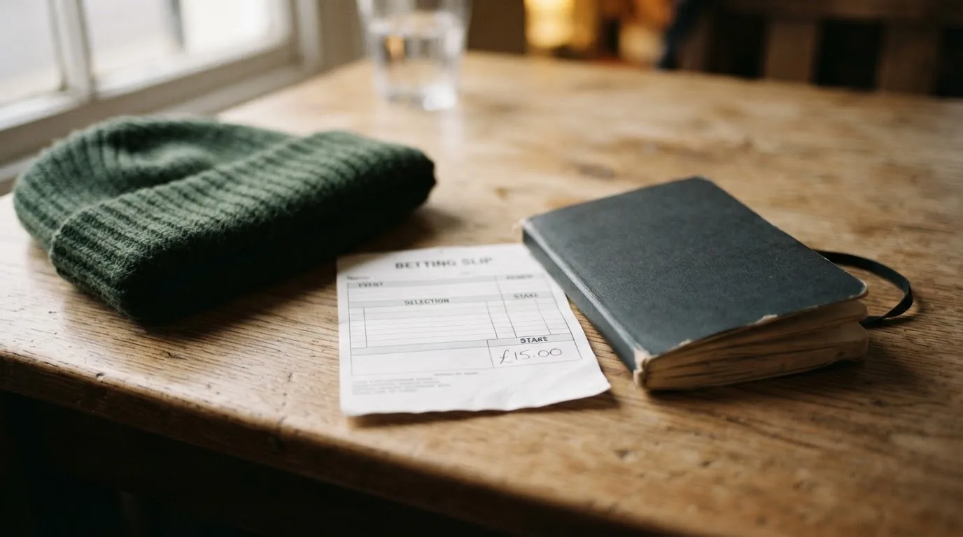 Ein leerer Wettschein aus Papier und ein Notizbuch liegen neben einer Wollmütze auf einem Holztisch.