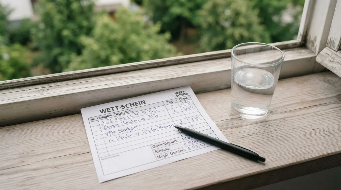 Ein leerer Wettschein aus Papier und ein Kugelschreiber liegen neben einem Glas Wasser auf einer Fensterbank.