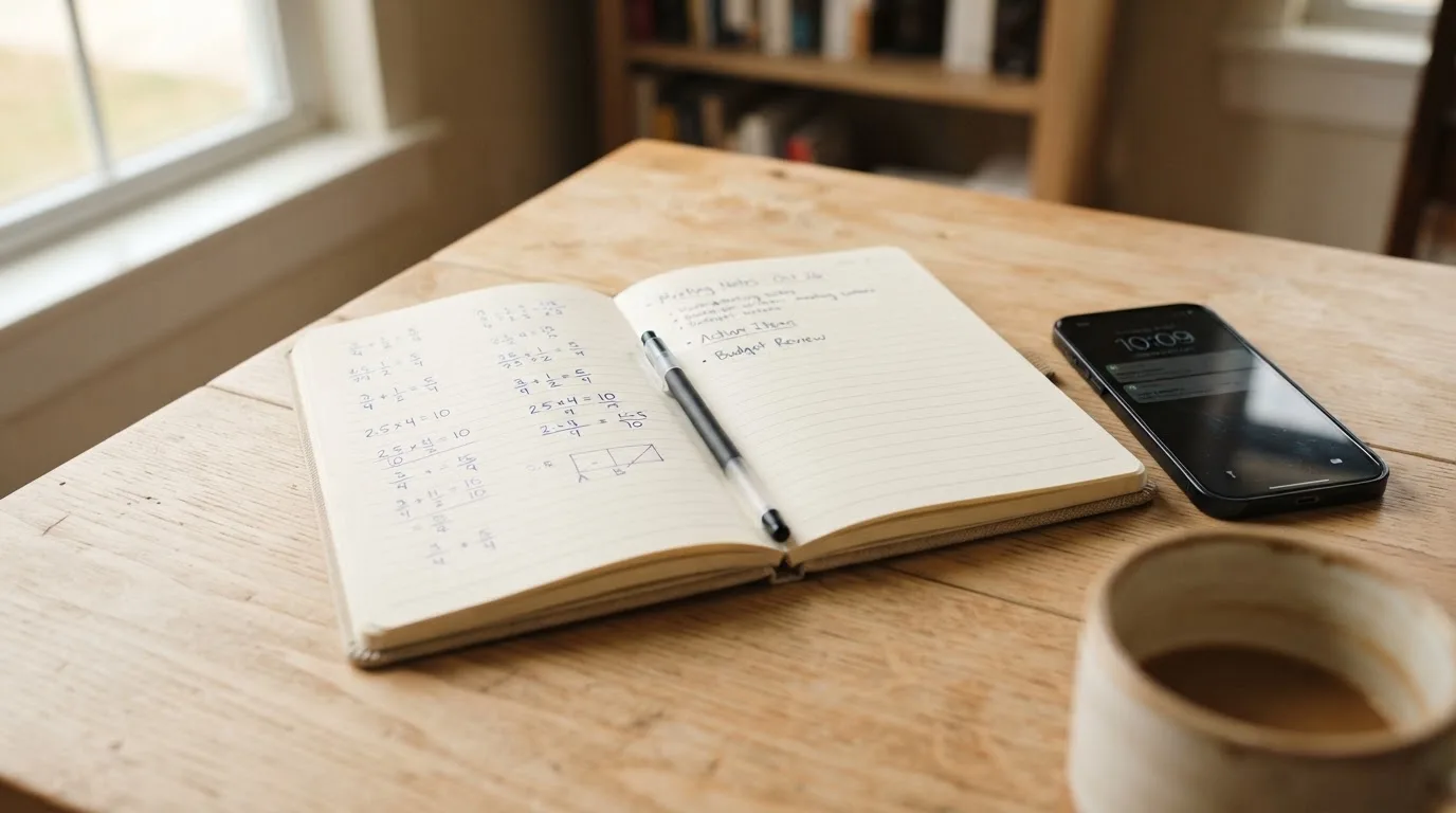 Ein aufgeschlagenes Notizbuch mit handschriftlichen Rechnungen liegt neben Stift und Smartphone auf einem Holztisch im Tageslicht.