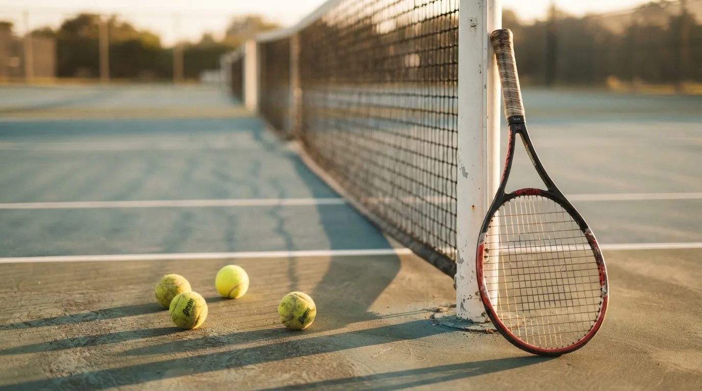 Ein Tennisschläger lehnt an einem Netzpfosten, daneben liegen drei Bälle auf einem Hartplatz in warmem Nachmittagslicht.