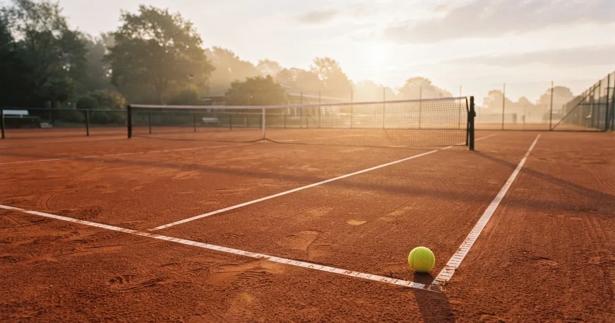 Ein Sandplatz am frühen Morgen mit frisch gezogenen Linien, einem Netz in der Mitte und einem gelben Ball auf der Grundlinie.