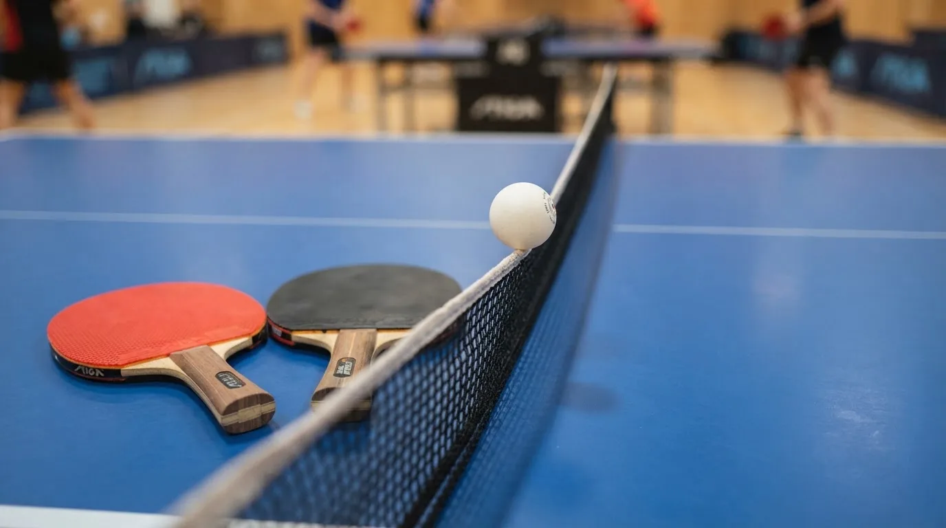 Ein weißer Ball liegt in Nahaufnahme auf der Netzkante einer Tischtennisplatte, daneben zwei Holzschläger mit rotem und schwarzem Belag.