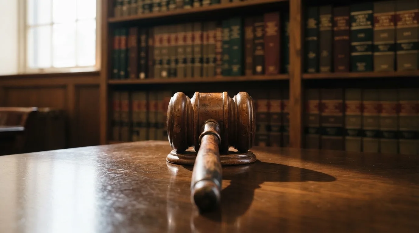 Ein Richterhammer aus Holz liegt auf einer polierten Tischplatte, dahinter eine unscharfe Bücherwand.