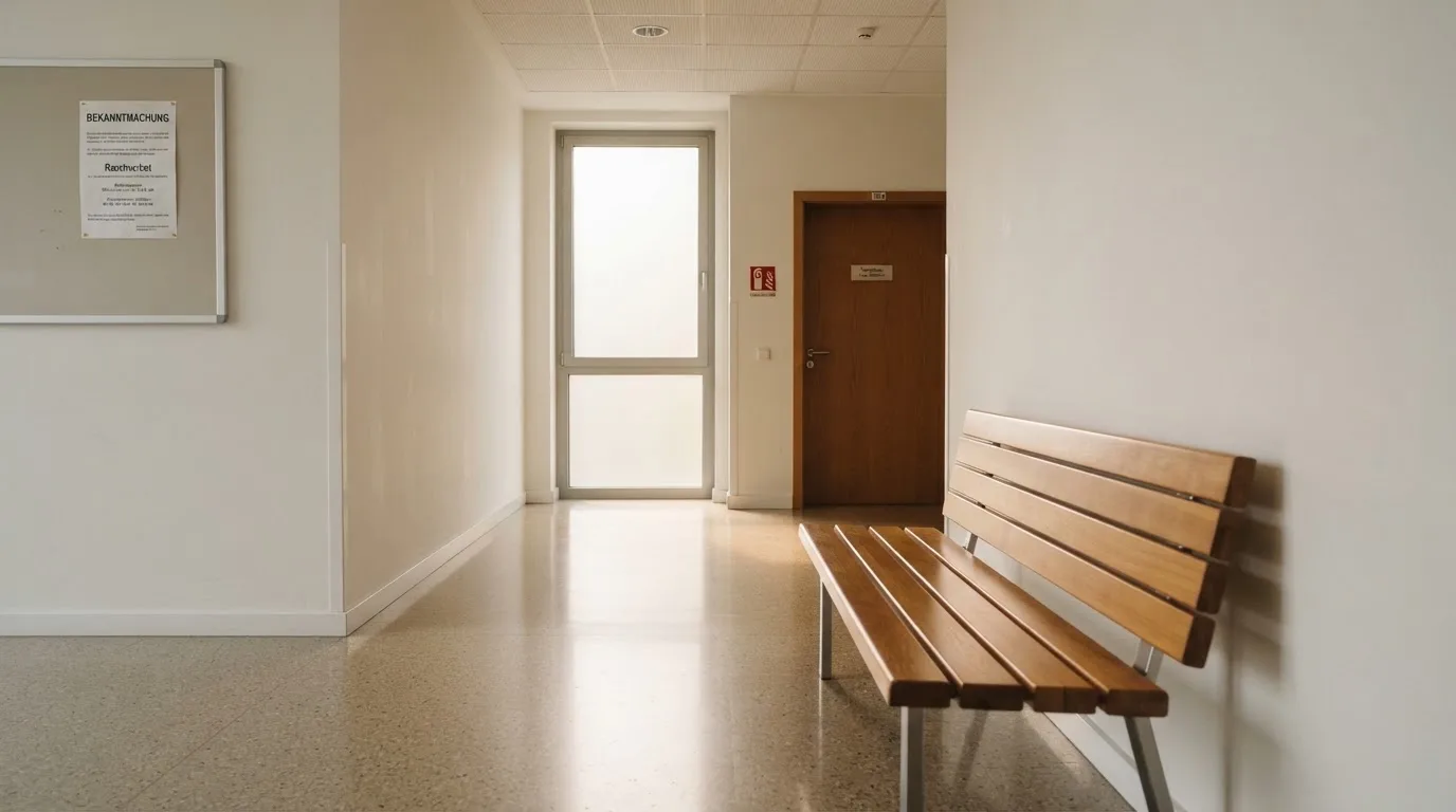 Ein heller Flur in einem Verwaltungsgebäude mit einer leeren Holzbank und einem Fenster, durch das Morgenlicht fällt.