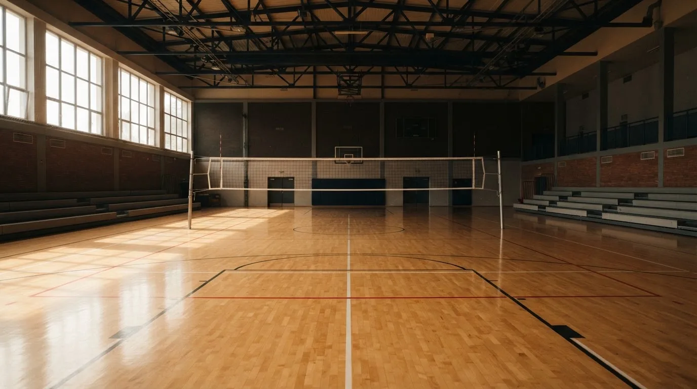 Eine leere Sporthalle mit gespanntem Volleyballnetz und glänzendem Parkett, durch hohe Fenster fällt Tageslicht.