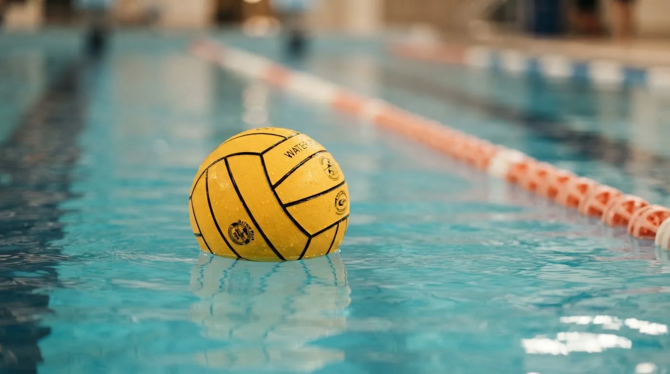 Ein gelber Wasserball treibt in Nahaufnahme auf der Wasseroberfläche neben einer Leine mit Bojen.