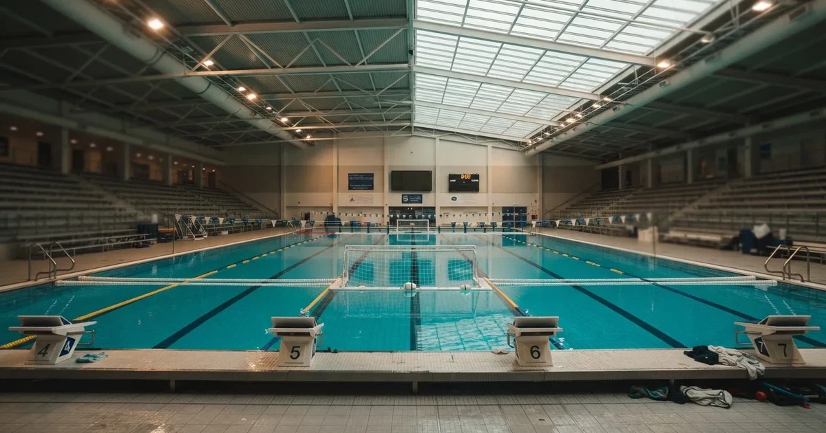 Ein Schwimmbecken mit türkisfarbenem Wasser und zwei schwimmenden Torrahmen am gegenüberliegenden Beckenrand, menschenleer unter Hallenlicht.