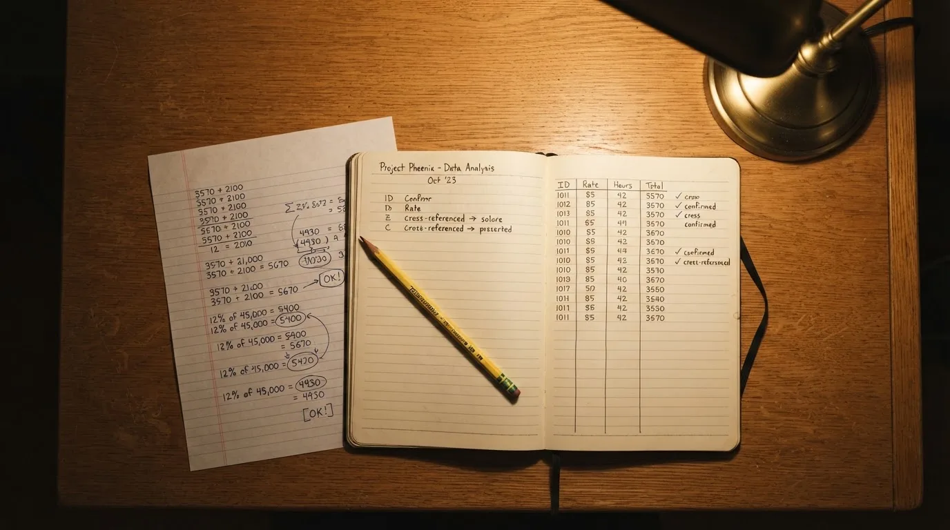 Ein Notizbuch mit handschriftlichen Spalten und einem Bleistift liegt auf einem Schreibtisch neben einem Taschenrechner.