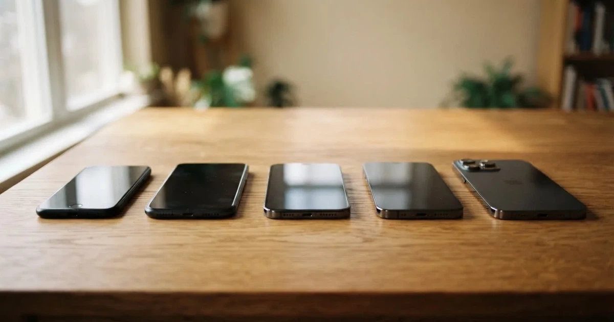 Mehrere Smartphones unterschiedlicher Größe liegen nebeneinander auf einem Holztisch, die Bildschirme sind dunkel.