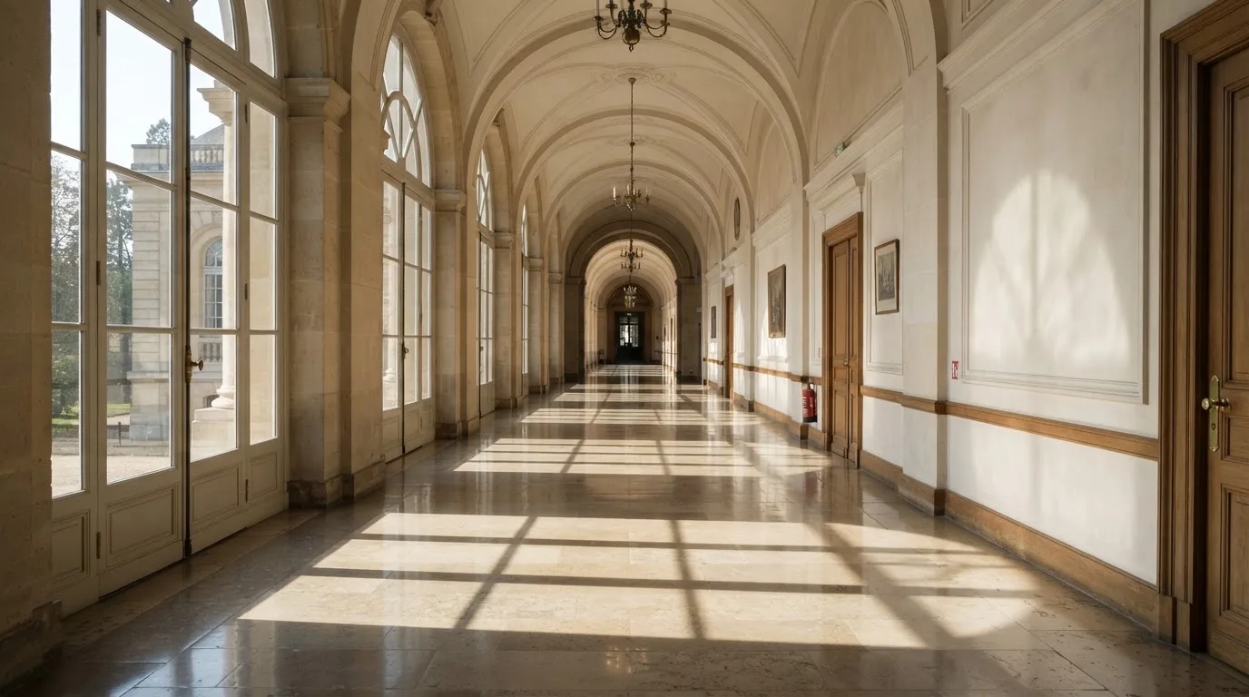 Ein leerer Amtsflur mit hohen Fenstern und glänzendem Steinboden, durch die Fenster fällt das Licht eines Vormittags.