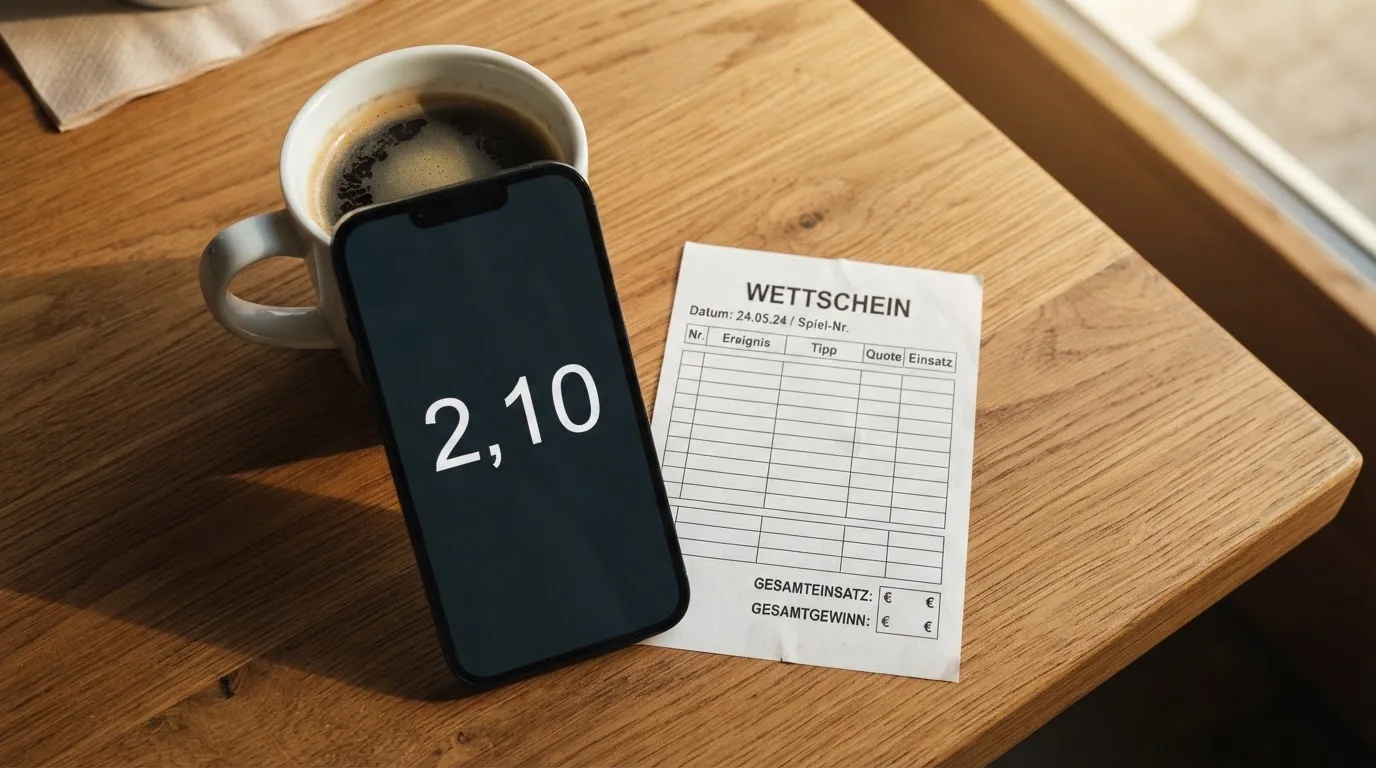 Ein Smartphone mit dunklem Bildschirm lehnt an einer Kaffeetasse auf einem Holztisch, daneben ein blanker Papier-Wettschein.