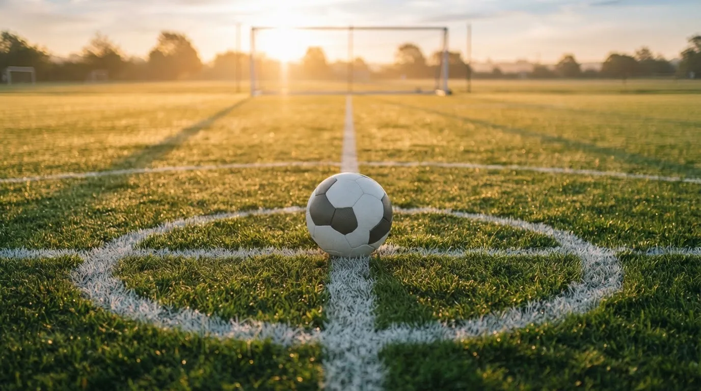 Ein Fußball liegt auf dem Anstoßpunkt eines Rasenplatzes im ersten Morgenlicht, Tau glänzt auf dem Gras.