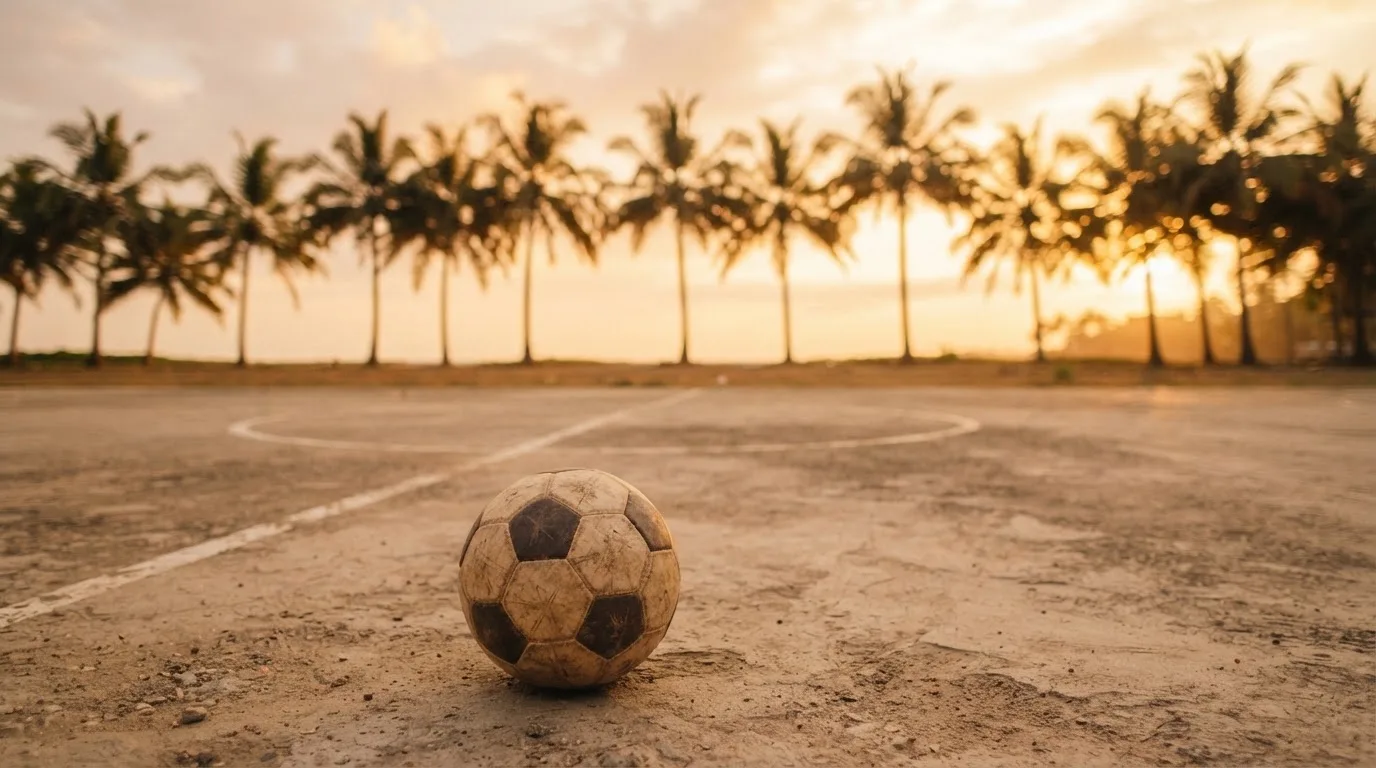 Ein Fußball liegt auf einem staubigen Bolzplatz mit Palmen im Hintergrund in warmem Abendlicht.