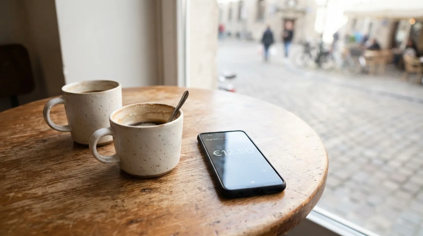 Zwei Kaffeetassen und ein dunkles Smartphone stehen auf einem Café-Tisch am Fenster im Morgenlicht.