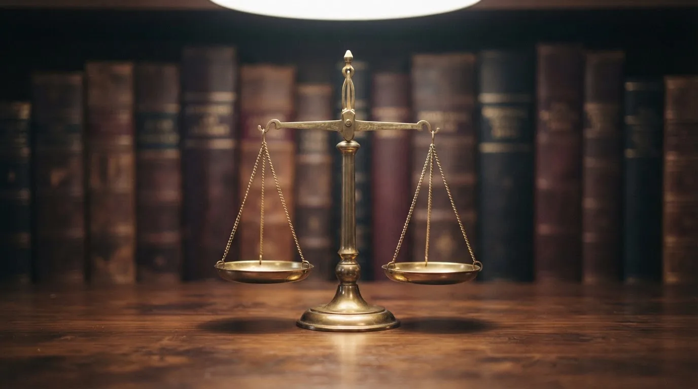Eine Messingwaage steht auf einem dunklen Holztisch, dahinter eine unscharfe Regalwand mit geschlossenen Büchern.