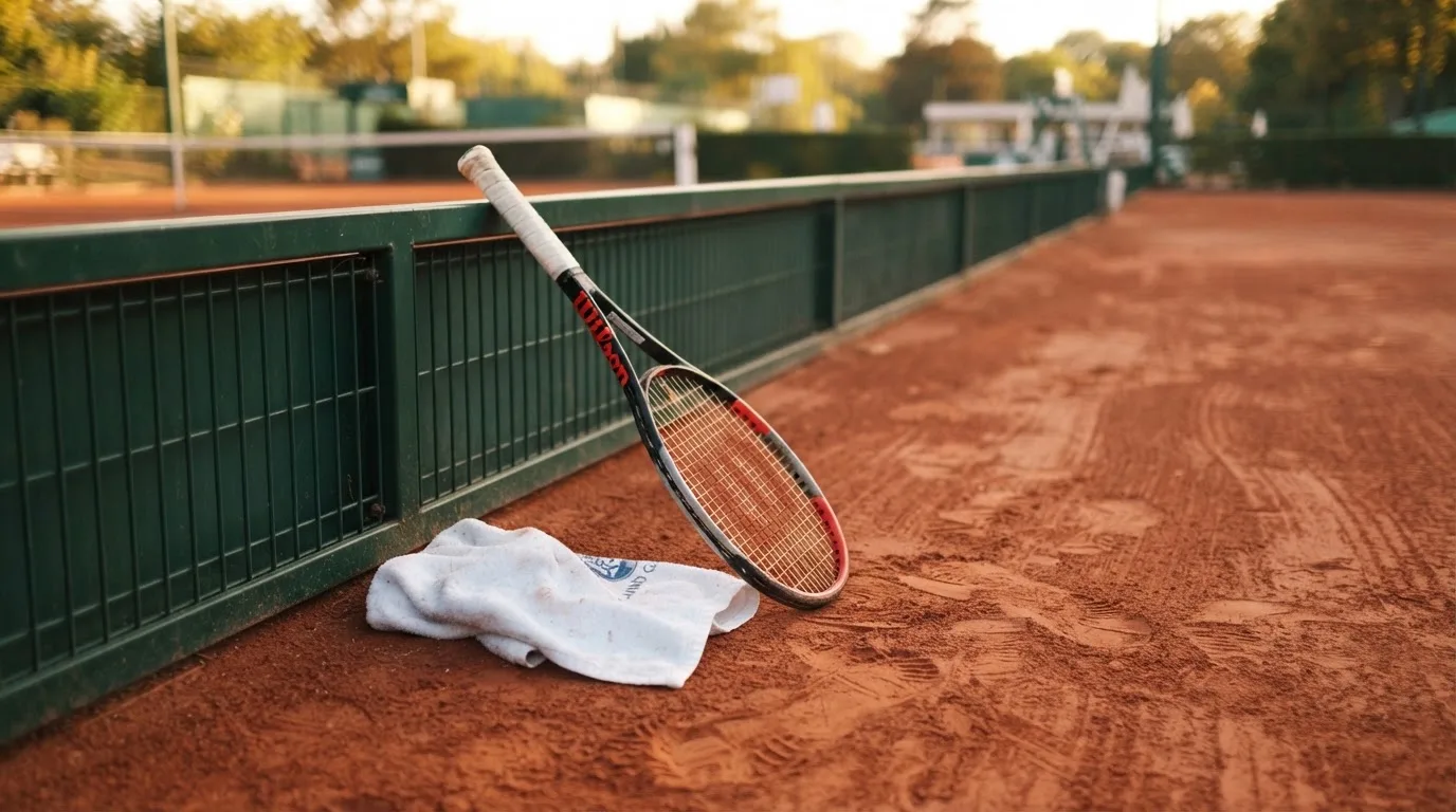 Ein Tennisschläger lehnt an einer dunkelgrünen Bande ohne Aufschrift auf einem Sandplatz, daneben liegt ein Handtuch.