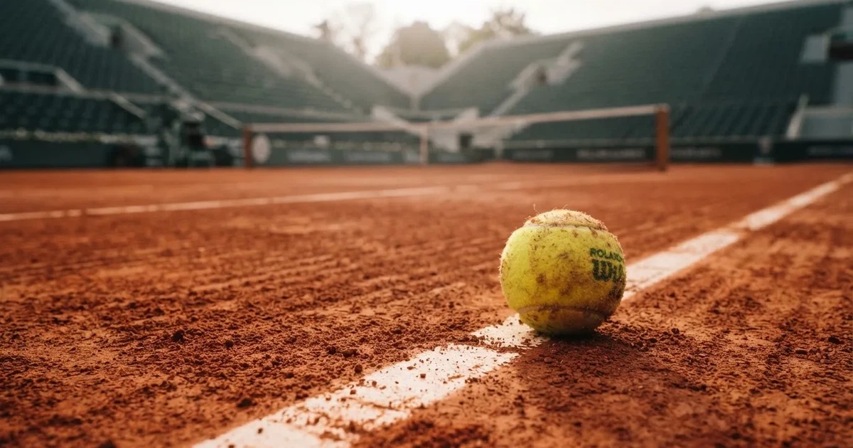 Ein Sandplatz mit rötlichem Belag und gezogenen weißen Linien, ein einzelner Tennisball liegt neben der Linie, im Hintergrund eine leere Tribüne.