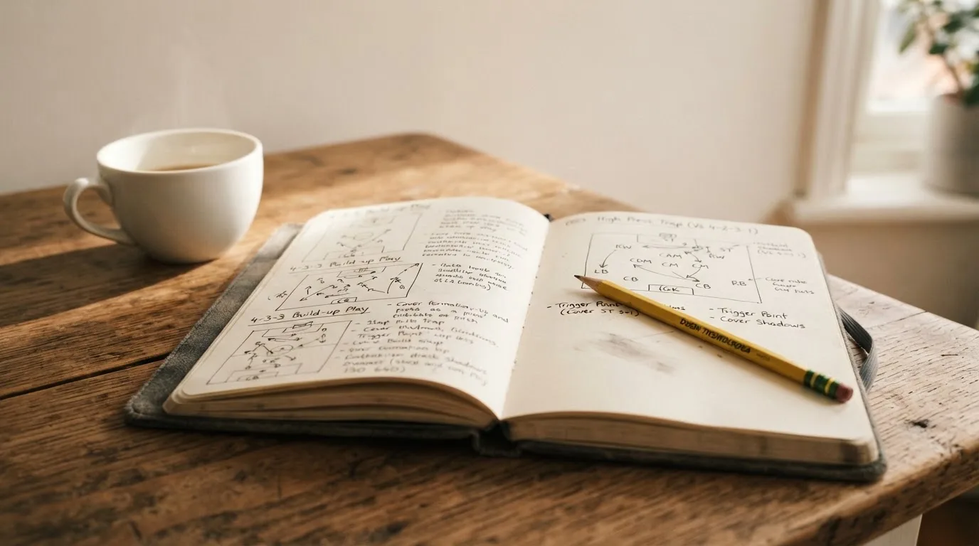 Ein aufgeschlagenes Notizbuch mit handschriftlichen Skizzen liegt neben einem Bleistift auf einem Holztisch, daneben eine Tasse Kaffee.