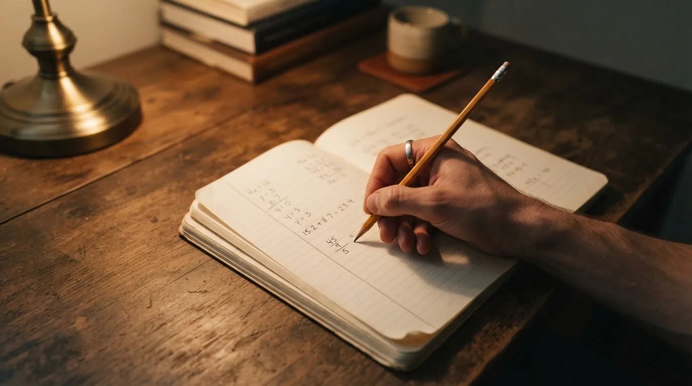 Ein Taschenrechner und ein Bleistift liegen auf einem Schreibtisch neben einem aufgeschlagenen Notizbuch mit handschriftlichen Zahlenreihen.